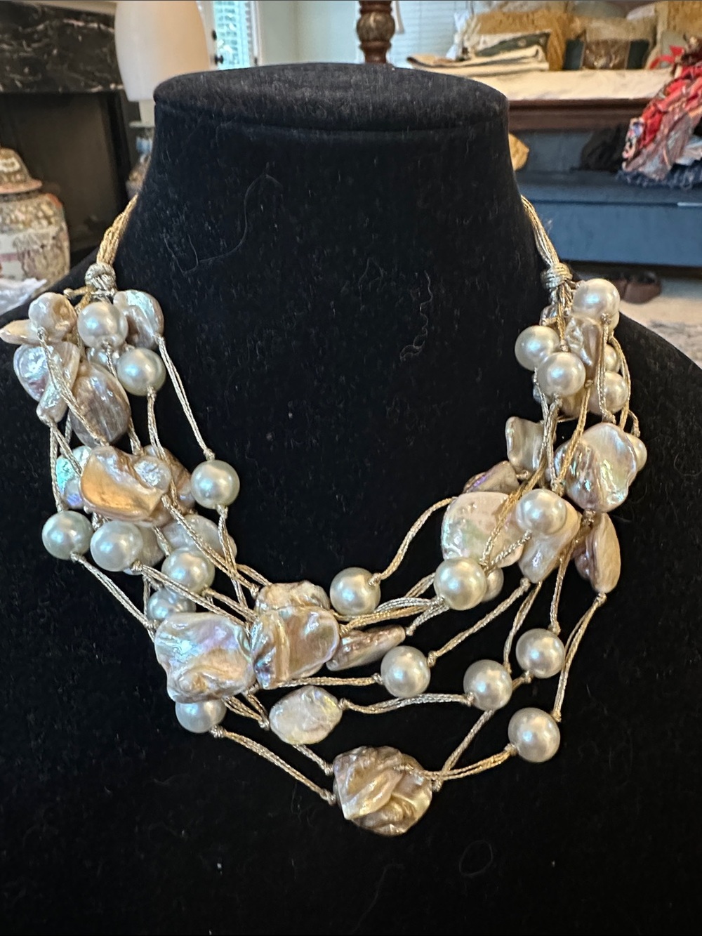 Amazing Pearl, Shell & Multi-Gold Strand Necklace.
